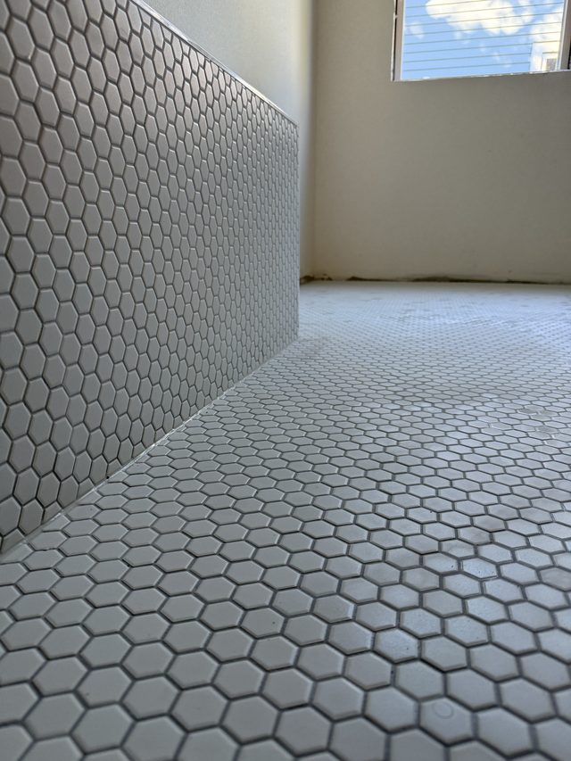 white hexagon mosaic floor and penny-round tile wall in bathroom