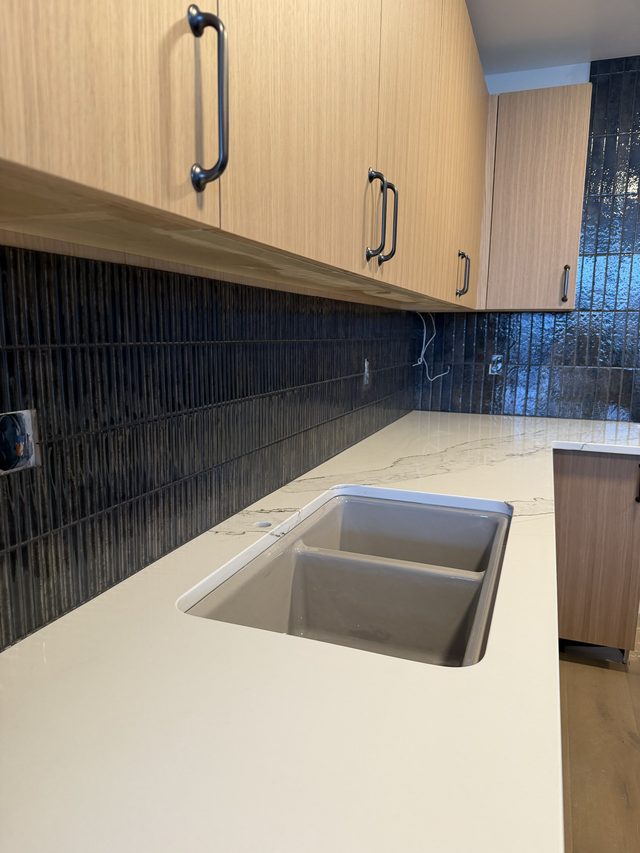kitchen double-bowl sink with quartz counter and dark vertical backsplash