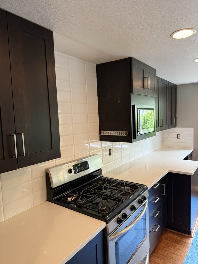 kitchen corner with range, white backsplash, dark cabinets